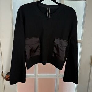 Anthropologie Black Cropped Sweatshirt with Satin Pockets